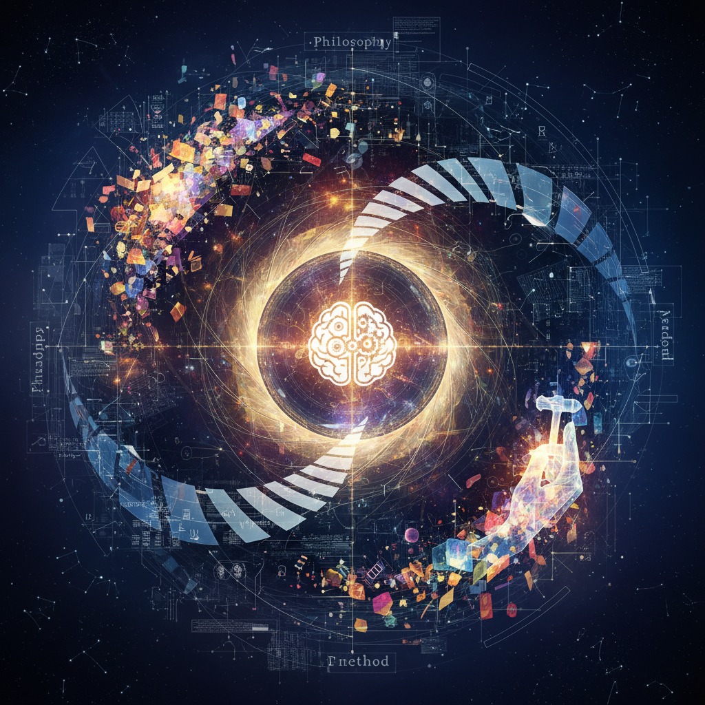 Une représentation abstraite et lumineuse d'un cerveau entouré de formes géométriques, de données techniques et d'une main humaine sur un fond étoilé.