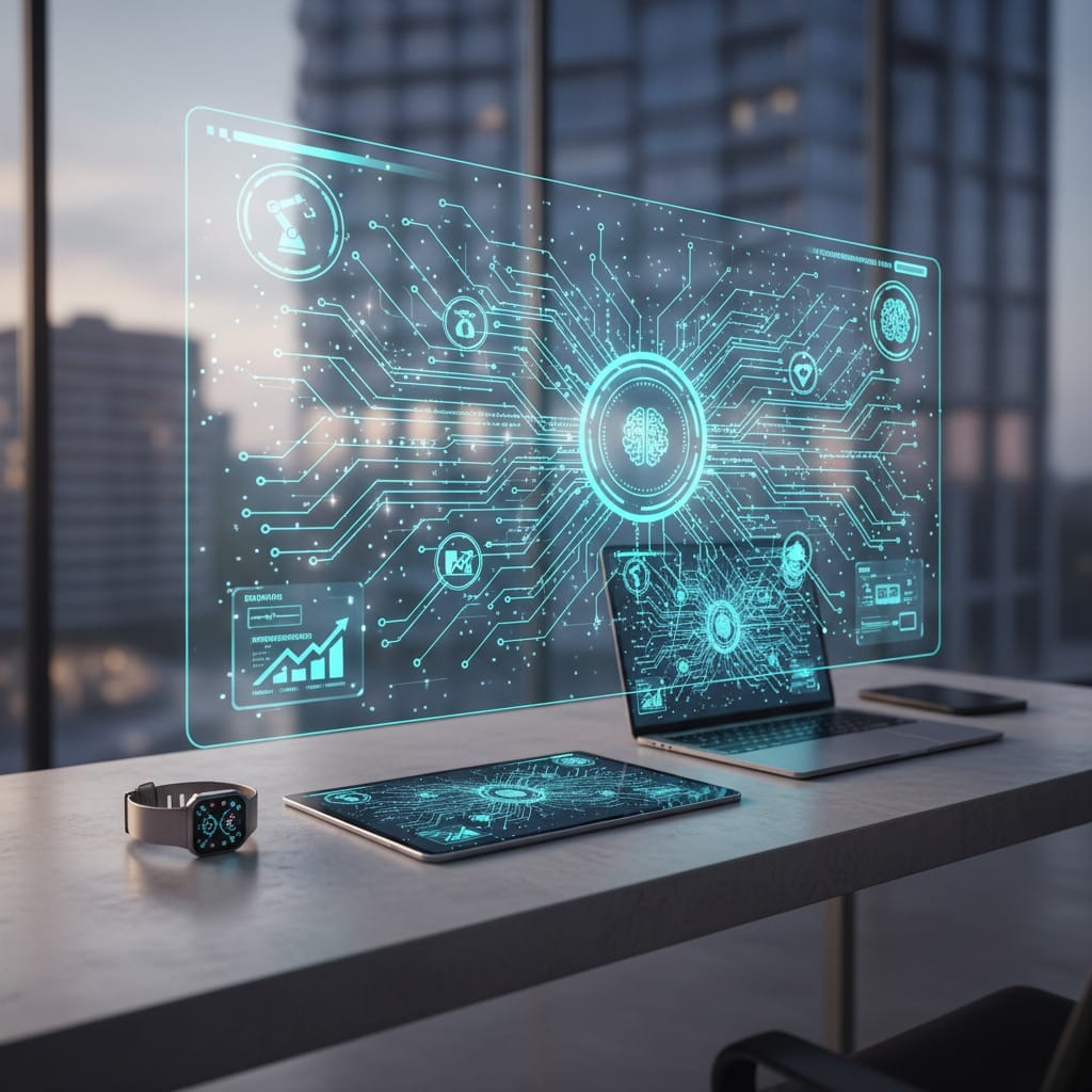 Des appareils technologiques affichent des interfaces numériques holographiques représentant des circuits et des données d'intelligence artificielle sur un bureau de bureau.